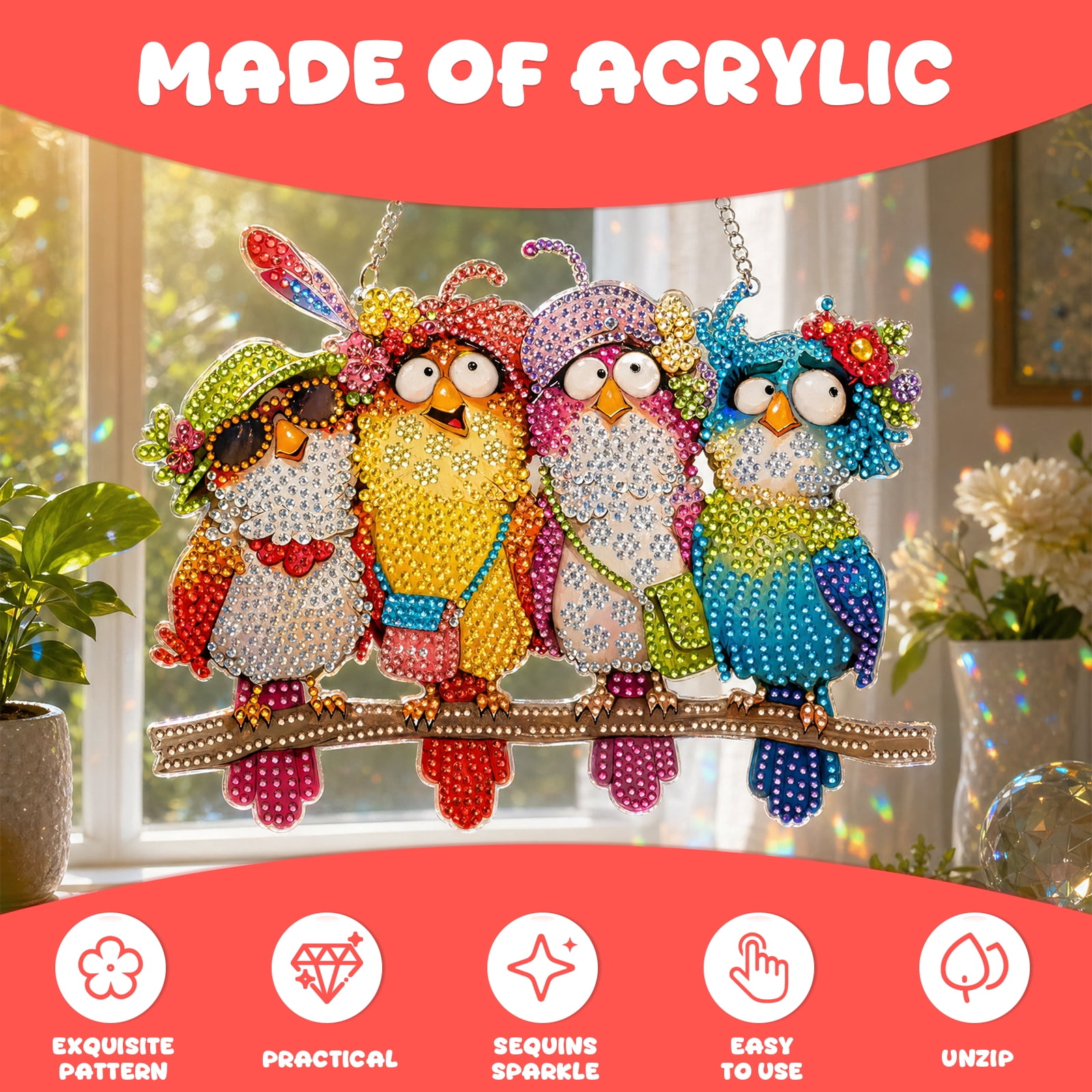 Diamond Art Hanging Kit Double Sided Bird Diamond Art Window Pendant Ornament Special Shape Rhinestone for Living Room Bedroom Office Yard