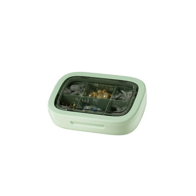 Caja de almacenamiento portátil de plástico, mini organizador de viaje para uso doméstico, compartimento compacto con tapa sellada, color beige, blanco, marrón y verde, apto para uso alimentario.