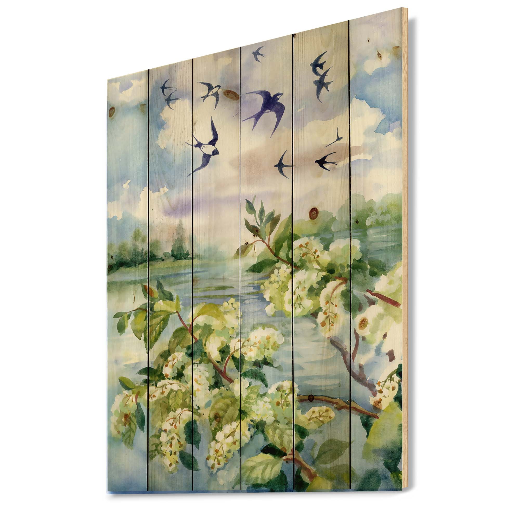 Designart 'Flowers of The Cherry Blossoms On A Spring Day Landscape' Traditional Print on Natural Pine Wood