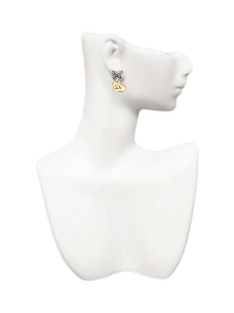 Delight Jewelry Goldtone Large Sister Heart with Clear Crystal - Silvertone Antiqued Butterfly Post Earrings