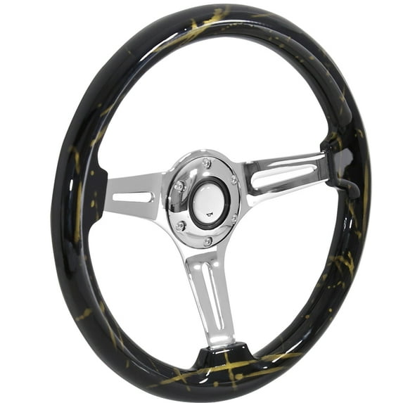 Spec-D Tuning Universal 2" Dark Force Black Gold 350MM Sport Racing Wooden Steering Wheel 1PC