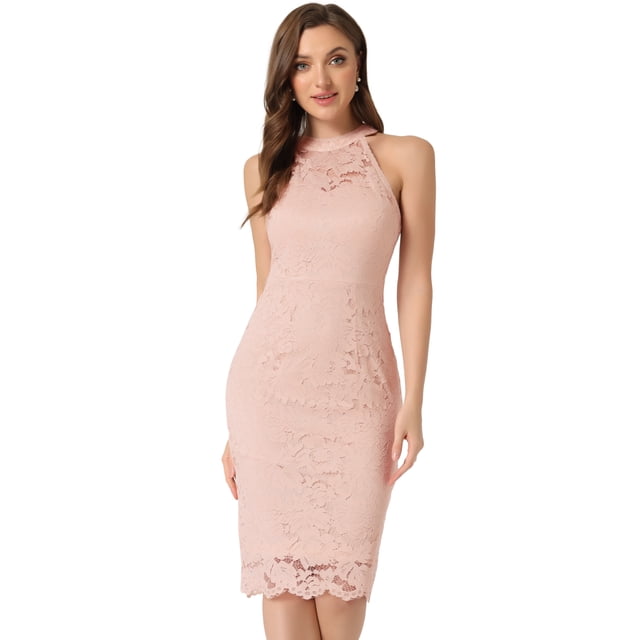 Vestido de encaje elegante Allegra K Cuello Halter Sin Mangas ajustado Rosa Claro S