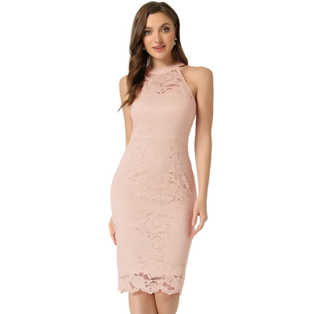Vestido de encaje elegante Allegra K Cuello Halter Sin Mangas ajustado Rosa Claro S