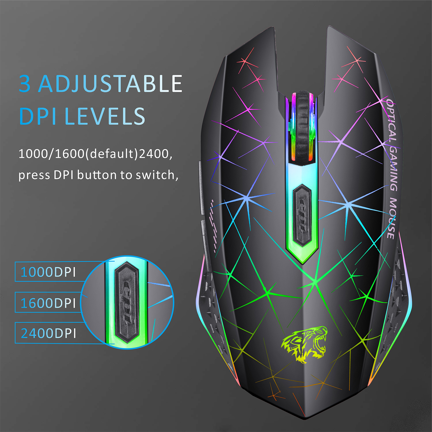 TENMOS Wireless Gaming Mouse, Rechargeable, Silent, LED, Black photo 2
