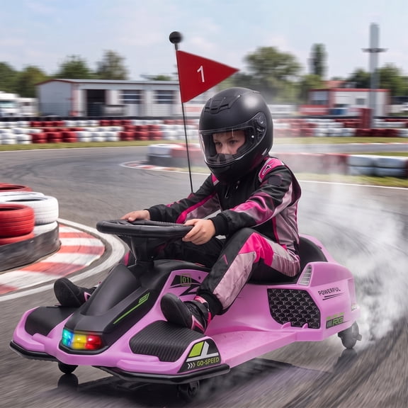 Aosom 12V Electric Go Kart, 5 MPH Drifting Car for Kids Outdoor Ride on Toy with Slow Start, Music, Colorful Lights, for 8-12 Years Old, Pink