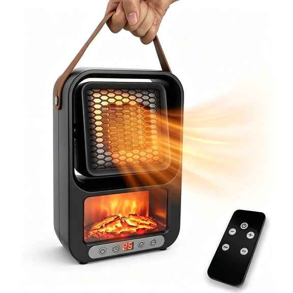 Electric Mini Fireplace Space Heater with Realistic 3D Flame, Stay-Cool Body, Carry Handle, Ideal for Home, Bedroom, & Office
