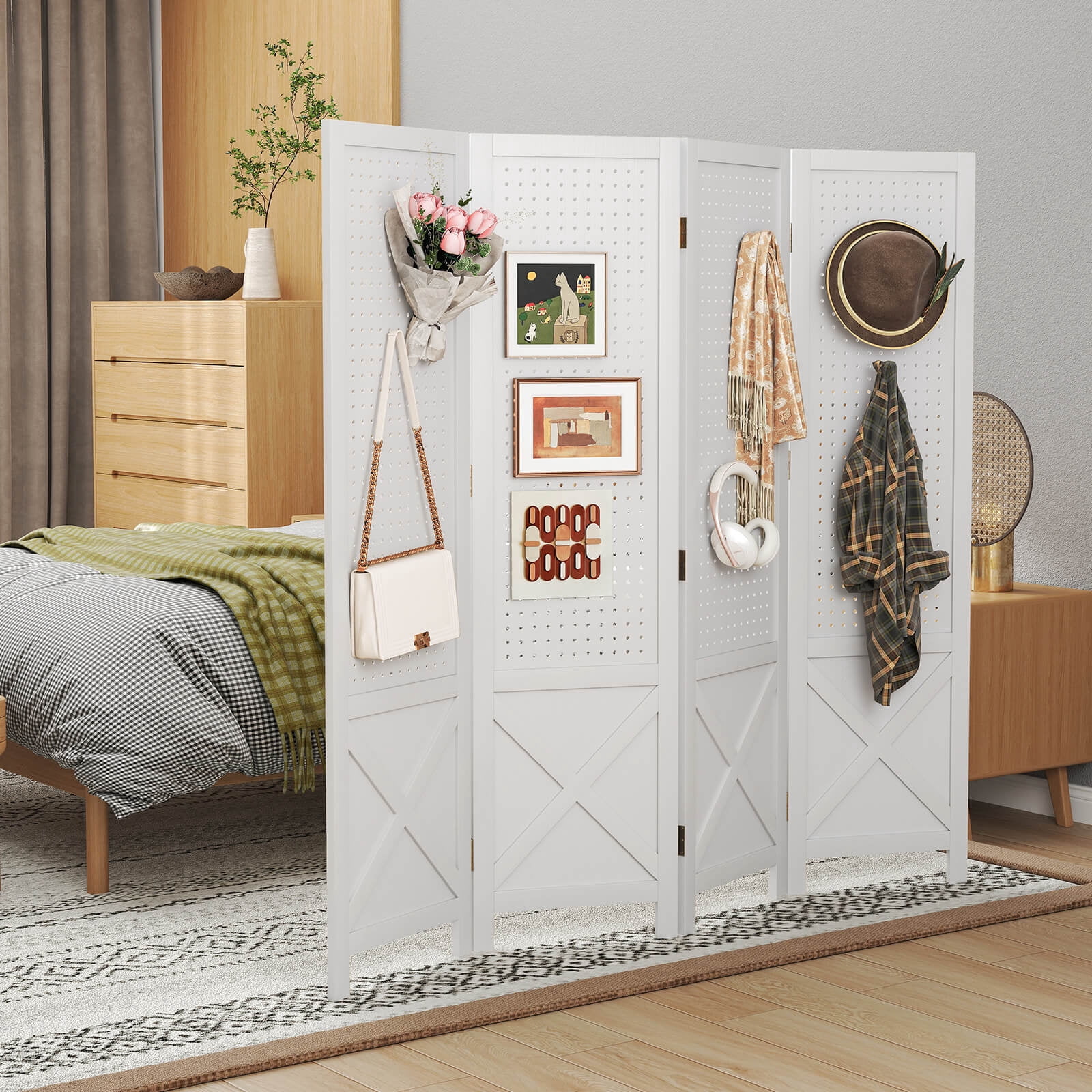 Costway 4-Panel Pegboard Display Stand, 4.7 FT Folding Room Divider, Freestanding Screen White