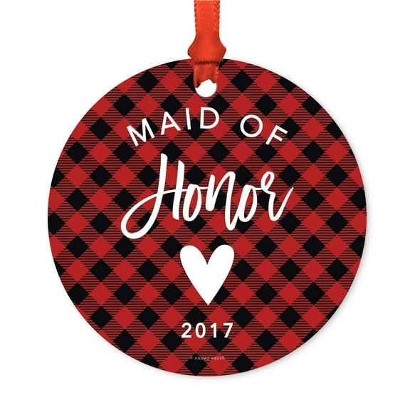 Family Wedding Metal Christmas Ornament, Maid of Honor 2017, Red Plaid, Includes Ribbon and Gift Bag