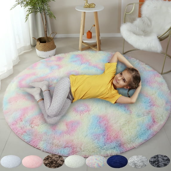 Soft Round Fluffy Bedroom Rugs, Fuzzy Circle Area Rug for Playing Reading Room, Kids Room Carpets Shaggy Rugs, 72.05x72.05 inches, Rainbow