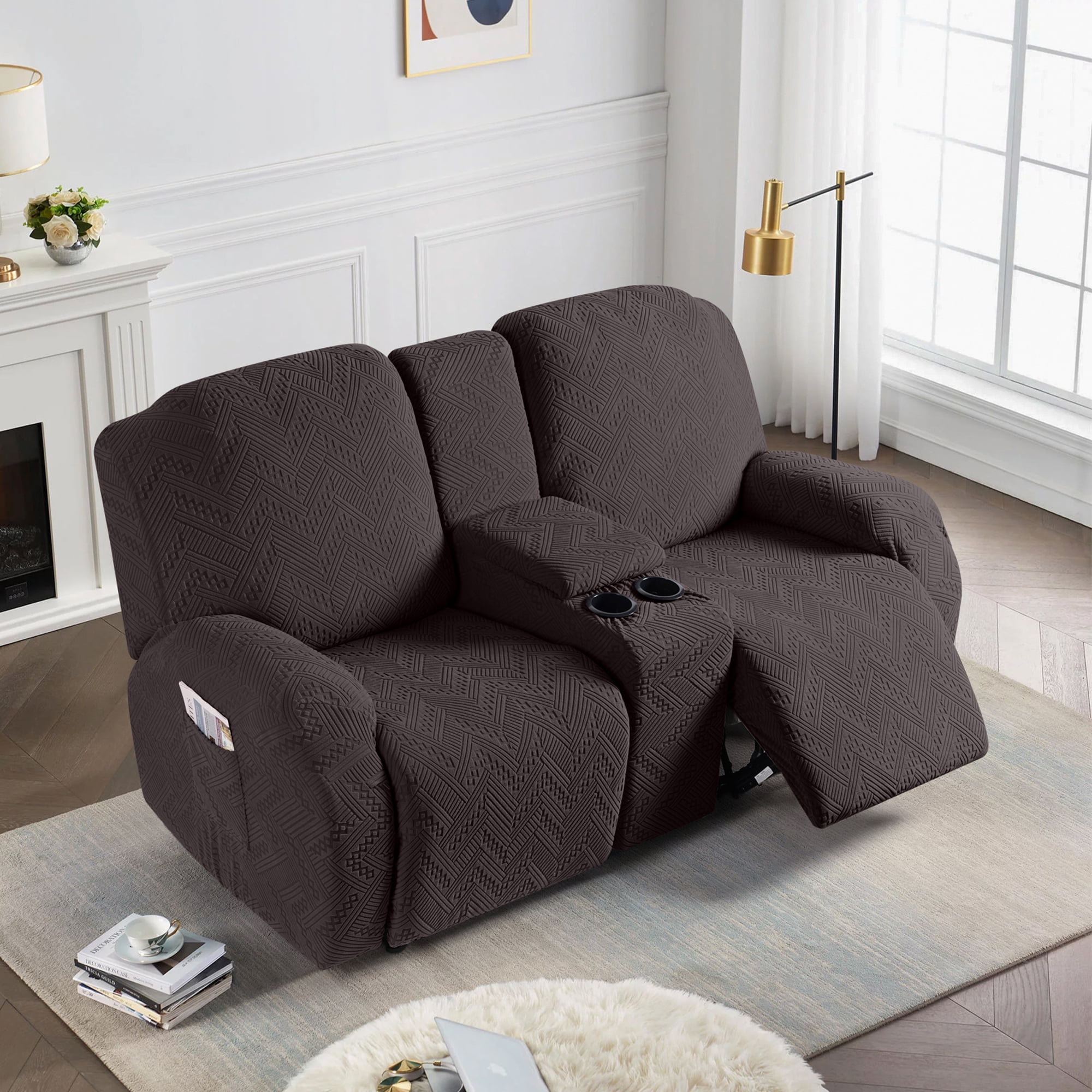 TAOCOCO 4 Pieces Recliner Loveseat Sofa Slipcovers, Stretch Jacquard Reclining Couch Covers with Pockets for 2 Seater Sofa Protector, Chocolate