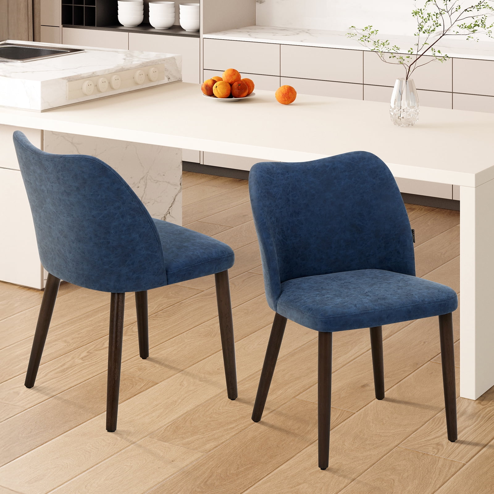 EOP Upholstered Dining Chairs Set of 2, Mid Century Modern Dining Room Chairs, Fabric Farmhouse Dining Side Chairs with Wood Legs, Armless Kitchen Chairs with Wingback, Blue