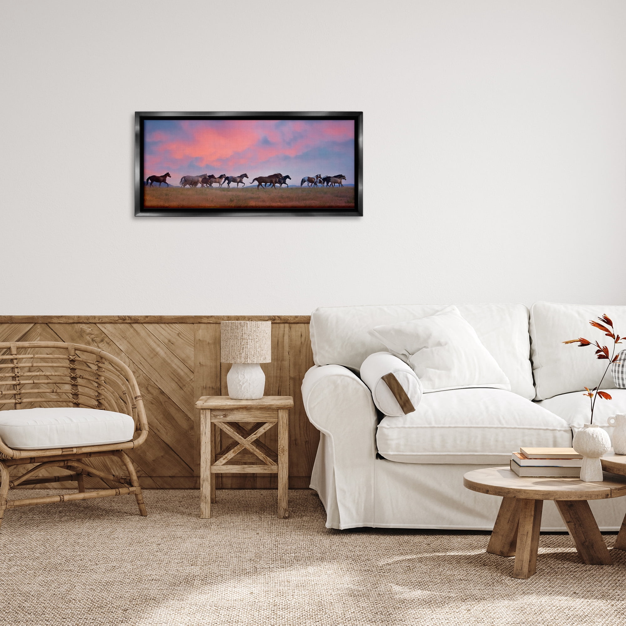 Stupell Industries Wild Horses at Sunset Animals & Insects Photography Black Floater Framed Canvas Art Print Wall Art, 31 x 14