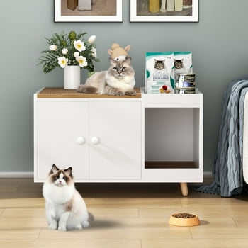Satifur Hidden Litter Box  Enclosure, Wooden Cat House Cabinet Furniture with  Scratching Pad, White
