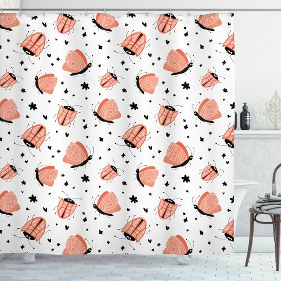 Insect Shower Curtain, Pastel Cartoon Ladybirds and Butterflies with Heart and Star Shapes, Fabric Bathroom Set with Hooks, 69W X 70L Inches, Coral Charcoal Grey White, by Ambesonne
