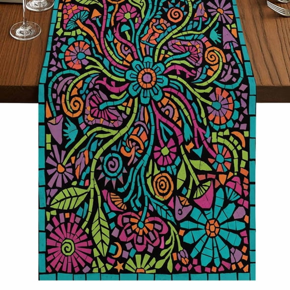 Table Runners 70 Inches Long Dress Scarves, Abstract Flower Farmhouse Coffee/Dining/Kitchen Table Decor, Holiday Table Runner, Vintage Botanical Geometric Floral 13x70 Inch