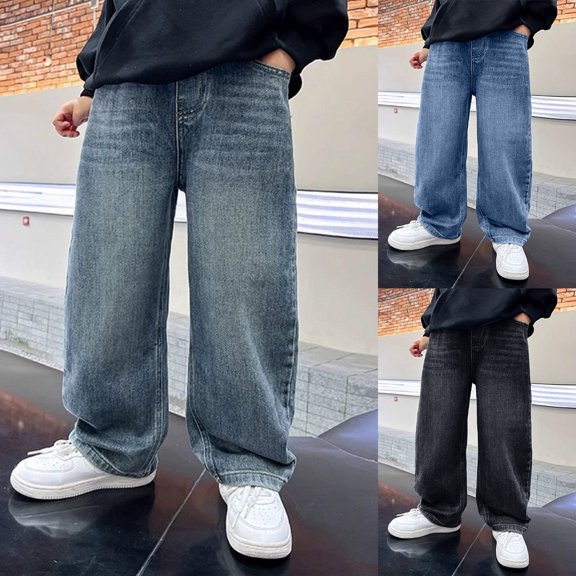 Cargo Jeans for Juniors Baggy Boys Jeans, Wide Straight Leg Elastic Waist Y2K Denim Pants, Classic Trendy Streetwear with Pockets for Kids 7-13 Years