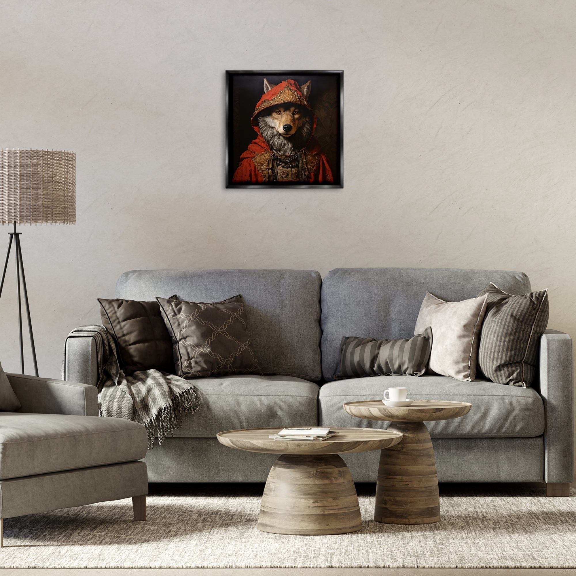 Stupell Industries Wolf with Red Cloak Animals & Insects Painting Black Floater Framed Canvas Art Print Wall Art, 18 x 18