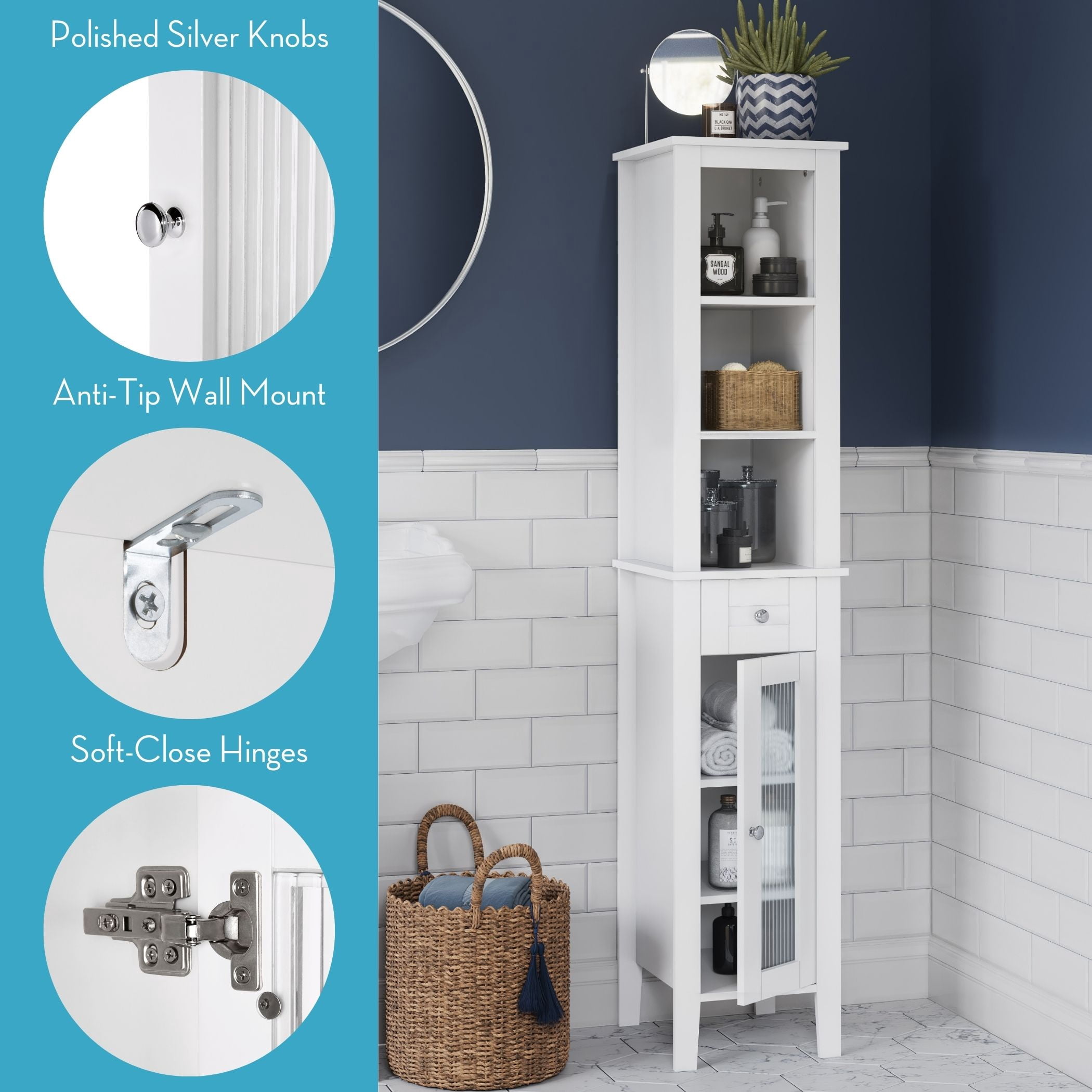 RiverRidge Prescott Tall Slim Bathroom Linen Storage Cabinet Organizer Shelf - White