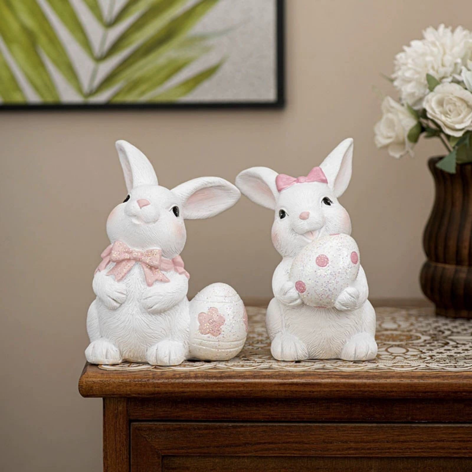 Resin Easter Bunny Holding Eggs White Adorable Rabbit Easter Egg Home Decor Ornament