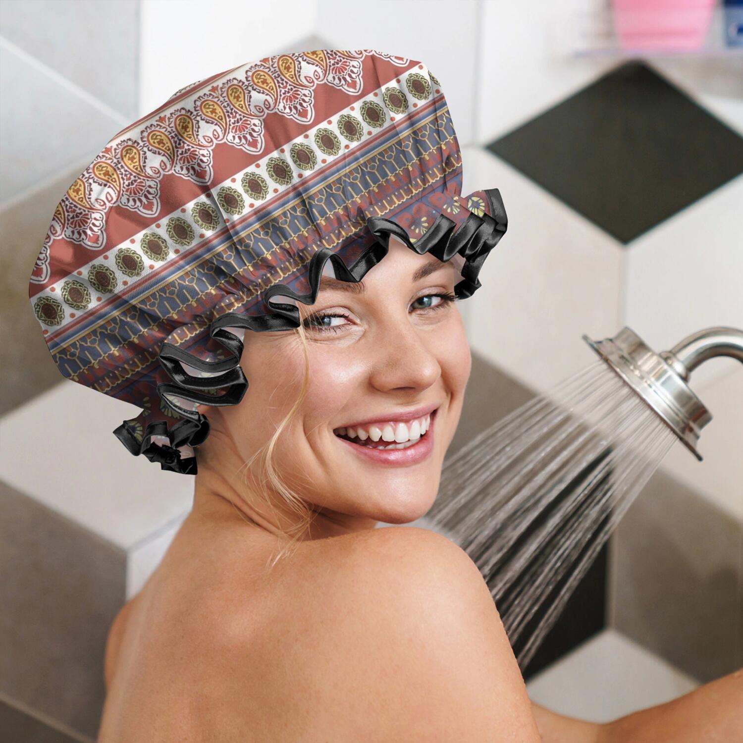 Shower Caps,Black Boho Oriental Flowers and Paisleys Pattern Waterproof Shower Cap for Women 4 Pieces,Double Reusable Hair Cover for Shower PEVA Elastic Stretch Hem