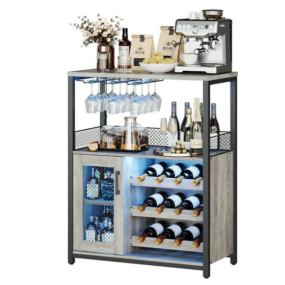 Wine Bar Rack Cabinet with LED Light, Adjustable Shelves Coffee Bar Cabinet with Mesh Door and Baffle Design, 36 in Tall Small Liquor Bar Cabinet for Home, Kitchen, Dinning Room, Grey