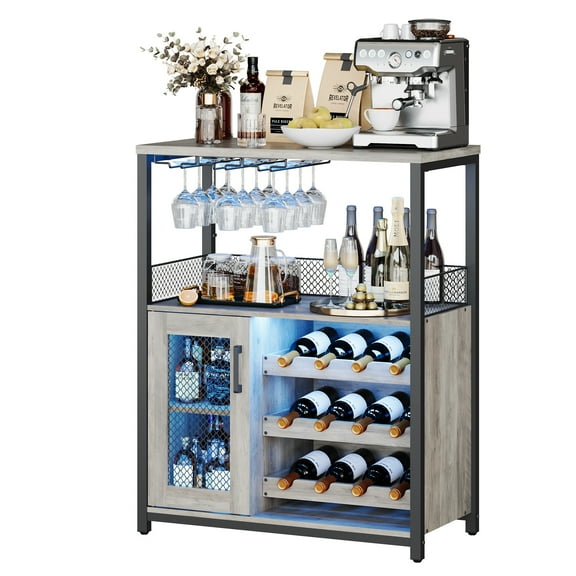Pinypikaka Wine Bar Cabinet with LED Lights & Detachable Wine Rack, Liquor Cabinet with Storage, Sideboard Buffet Coffee Bar Cabinet with Glass Holder & Mesh Door, for Living Dining Room
