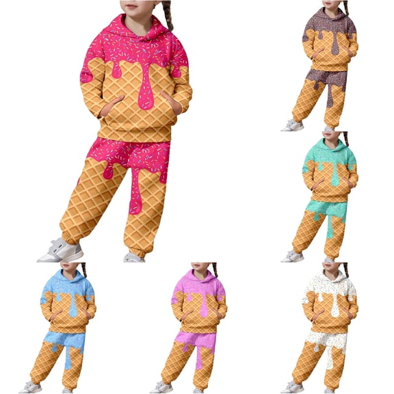 Ulitacool Outfits For Girls Long Sleeve Cartoon Graphic Crewneck T Shirts Pants Charm Little Girls Playsuit 8-9 Years Pink