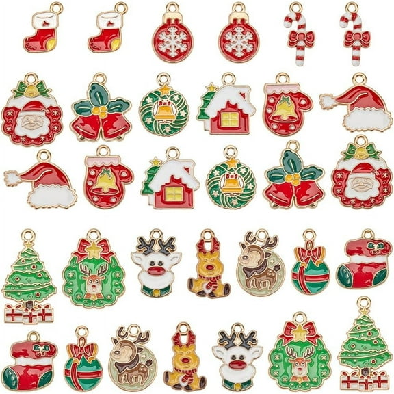 1 Box 64Pcs 16 Styles Metal Christmas Charms Holiday Enamel Charm Bulk Assorted Golden Alloy Snowman Snowflake Dear Trees Socks Bell Dangle Charm for DIY Jewelry Making Charms Earrings DIY Craft