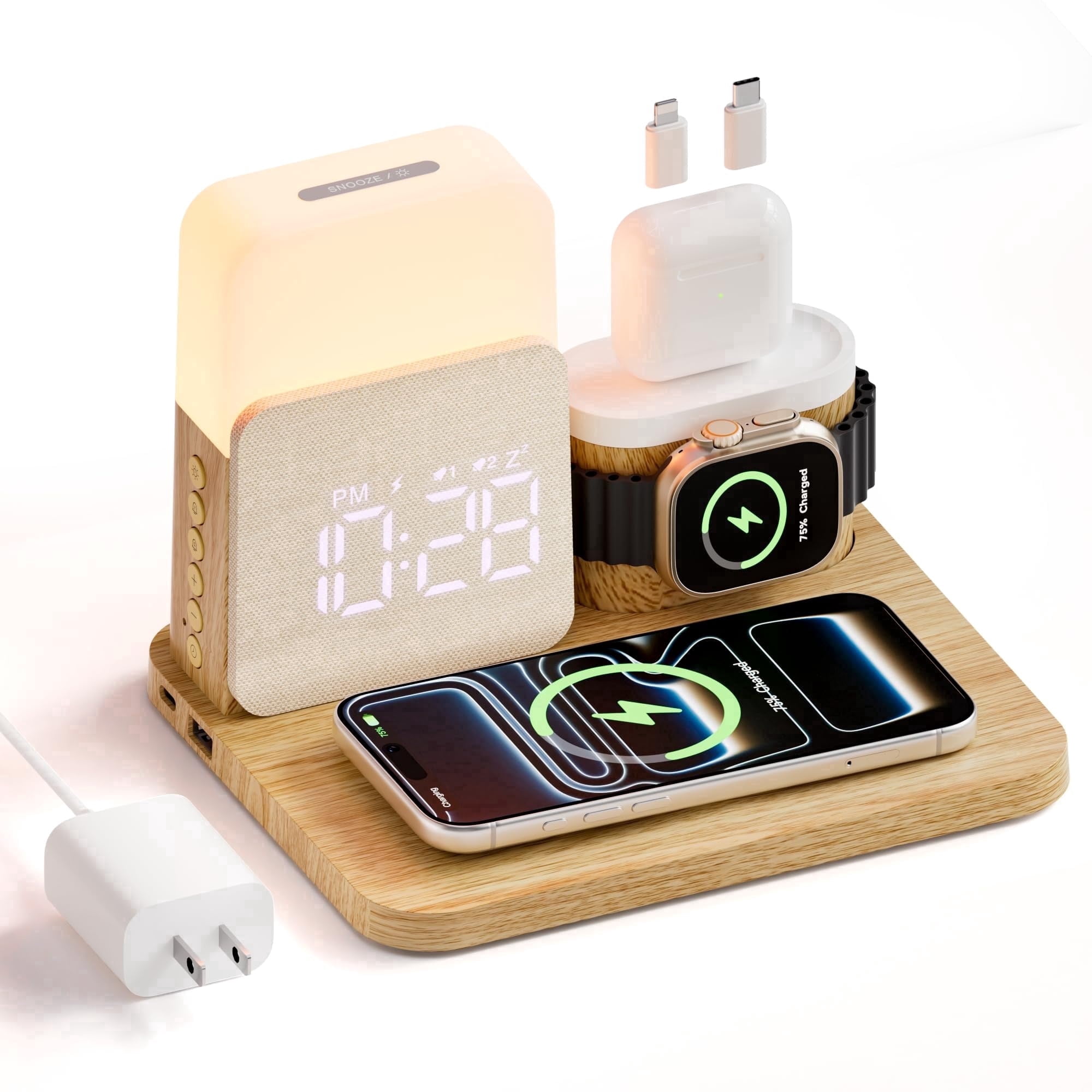 ANTBOOK Magnetic Charging Station Compatible for iPhone, Apple Watch, AirPods with Alarm Clock,Night Light Bedside Wood