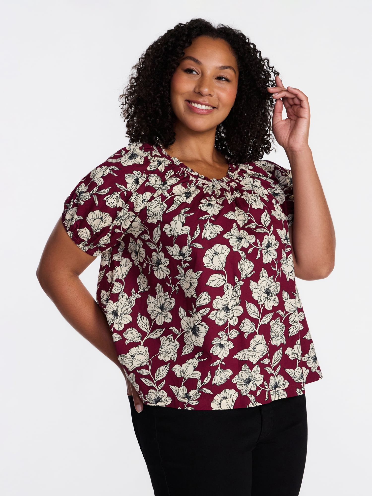 Time and Tru Women's Ruffle Neck Cotton Top with Short Puff Sleeves, Sizes XS-XXXL