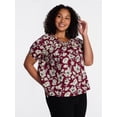 thumbnail image 2 of Time and Tru Women's Ruffle Neck Cotton Top with Short Puff Sleeves, Sizes XS-XXXL, 2 of 6