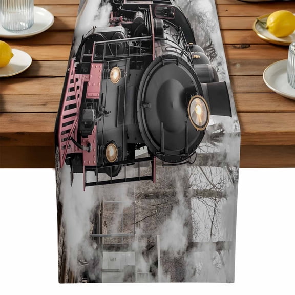 Vintage Old Train Table Runner, Black Steam Transportation Station Photos Kitchen Table Runners Dress Scarves for Table Decorations Party/Restaurant/Indoor Outdoor Use, 13x36in