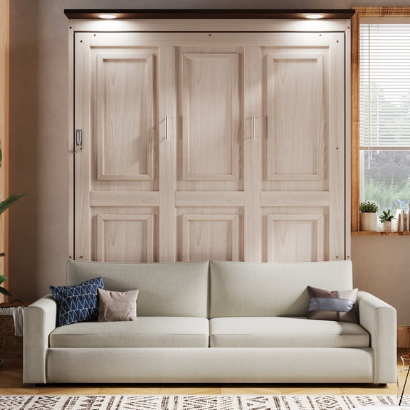 Noble House Mavora Queen Size Murphy Bed with Integrated Sofa and LED Lights, Convertible Wall Bed, Beige