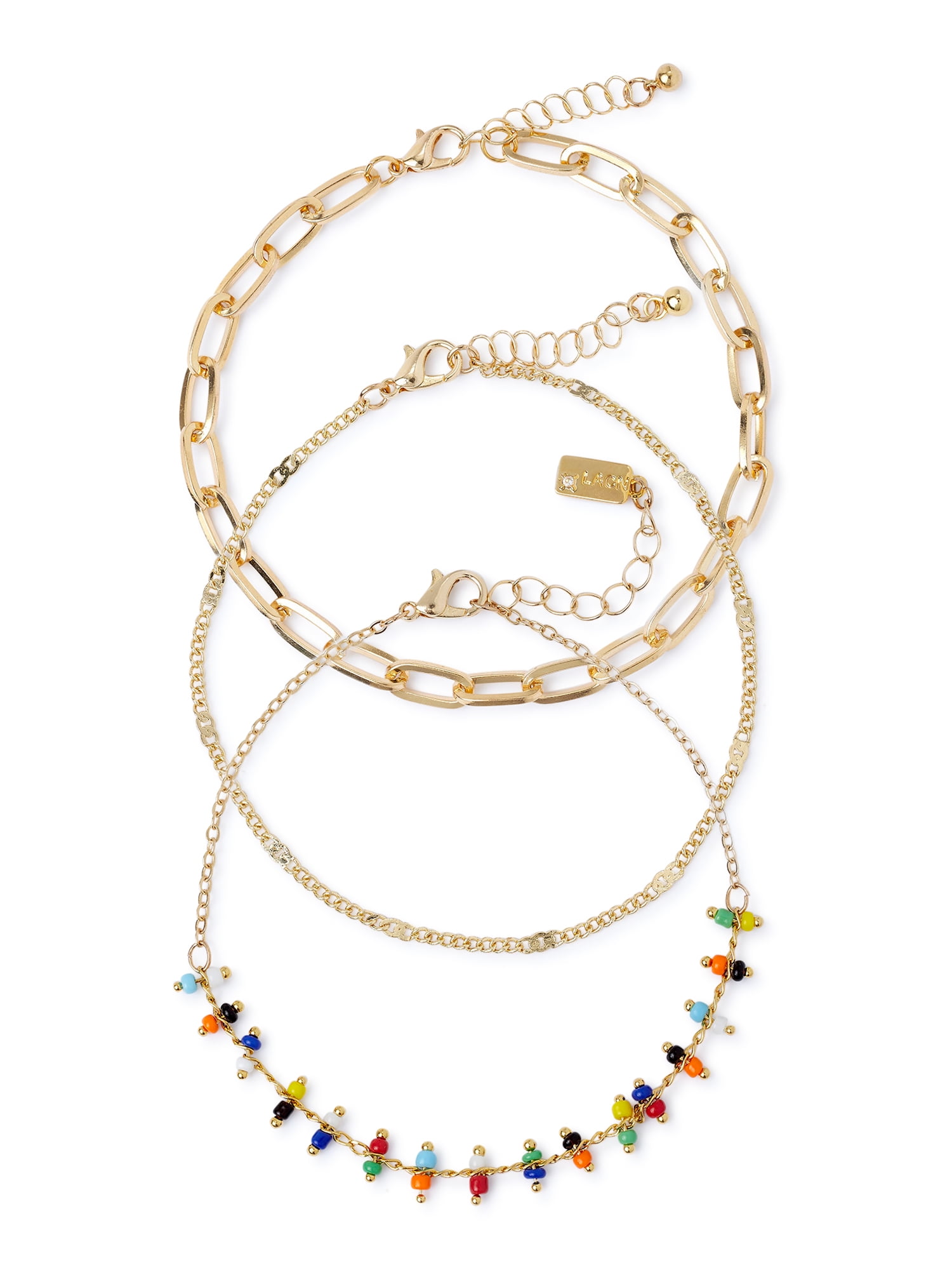 Scoop Women’s 14KT Gold Flash-Plated Multi-Color Bead, Clip and Chain Link Anklets, 3-Piece Set