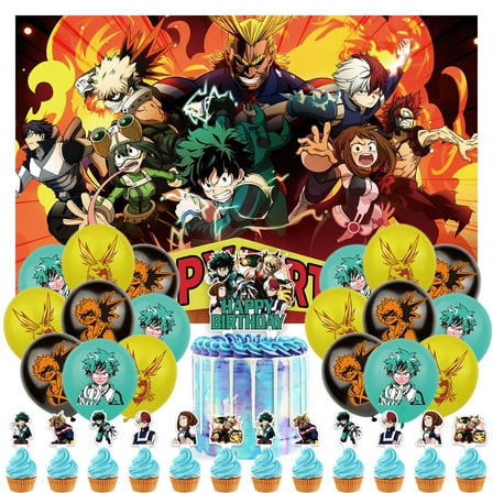 32 Pcs For My Hero Academy Theme Party Decorations,With 5*3ft Birthday Backdrop Decorations,18 Balloons,13 Cupcake Toppers Balloons,for Birthday Party Decorations