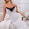 thumbnail image 4 of JSGEK Women Contrast Lace Trim Spaghetti Strap Chemise Dress Satin Fabric Nightwear Lingerie Set White S, 4 of 5
