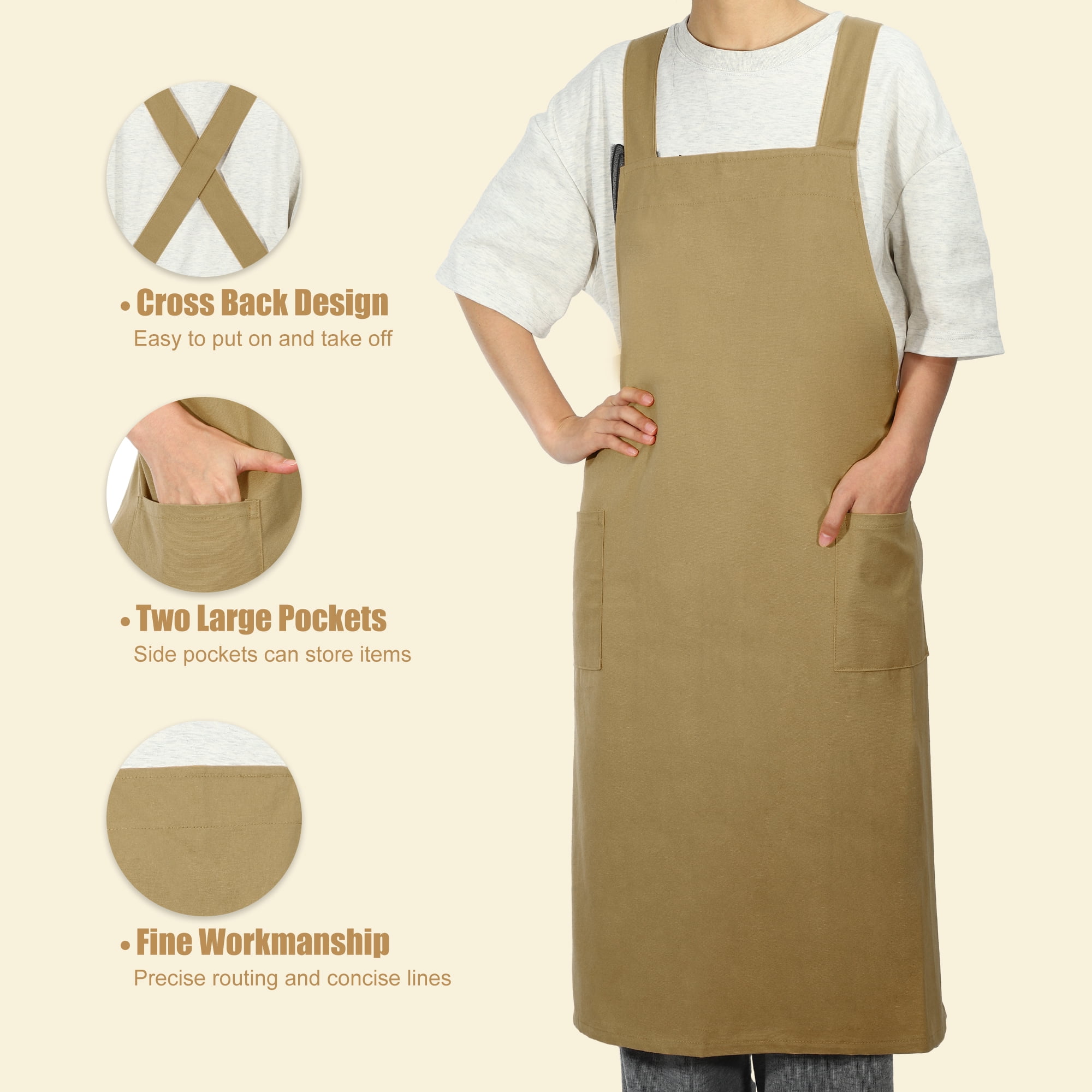 Unique Bargains Cotton Linen Apron Cross Back Apron with Pockets Yellow