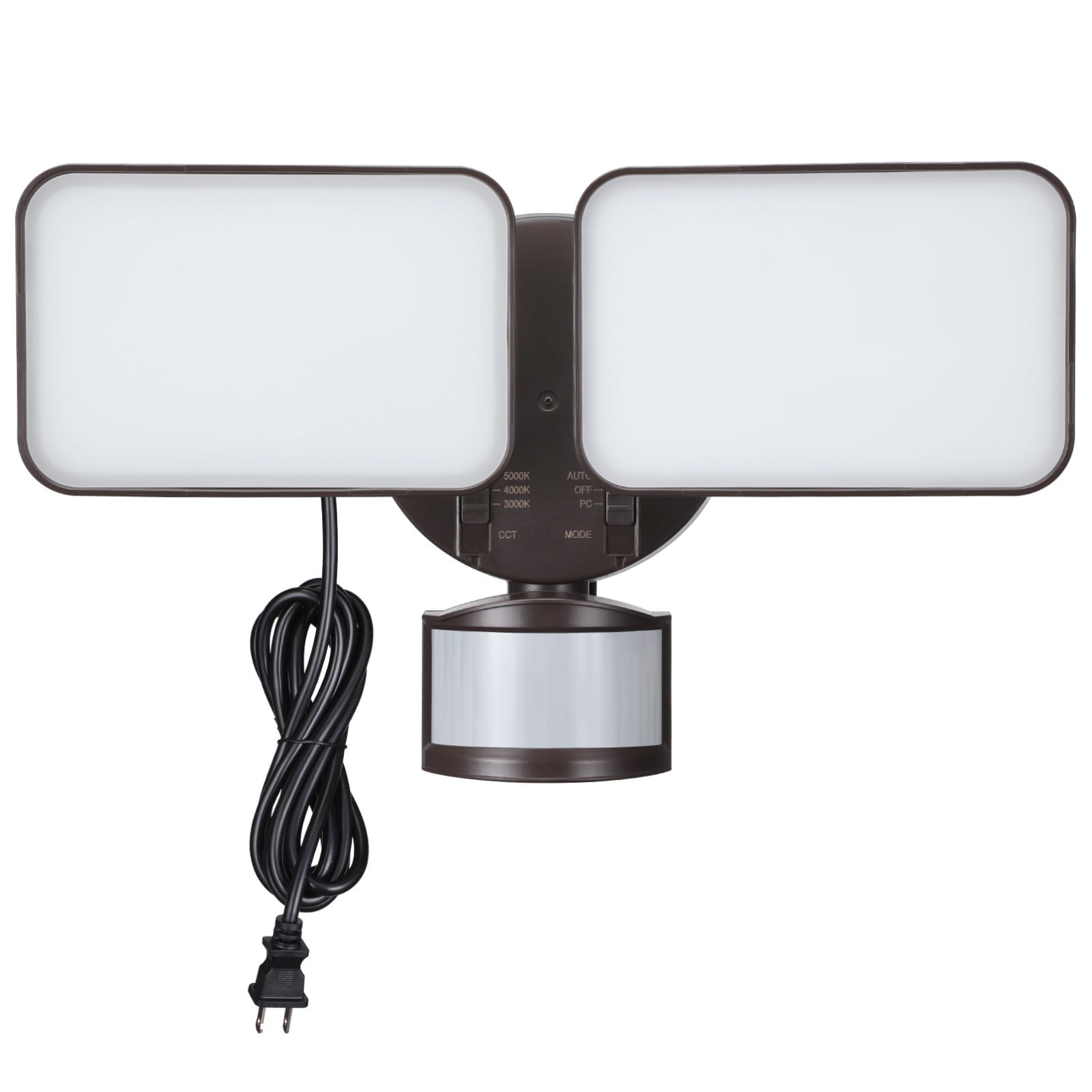 25W 3CCT Dual Head Plug-in LED Security Light, Motion Sensor & Dusk to Dawn Floodlight, 3 Lighting Modes, 3000K/4000K/5000K Selectable, ETL&FCC Listed, Bronze