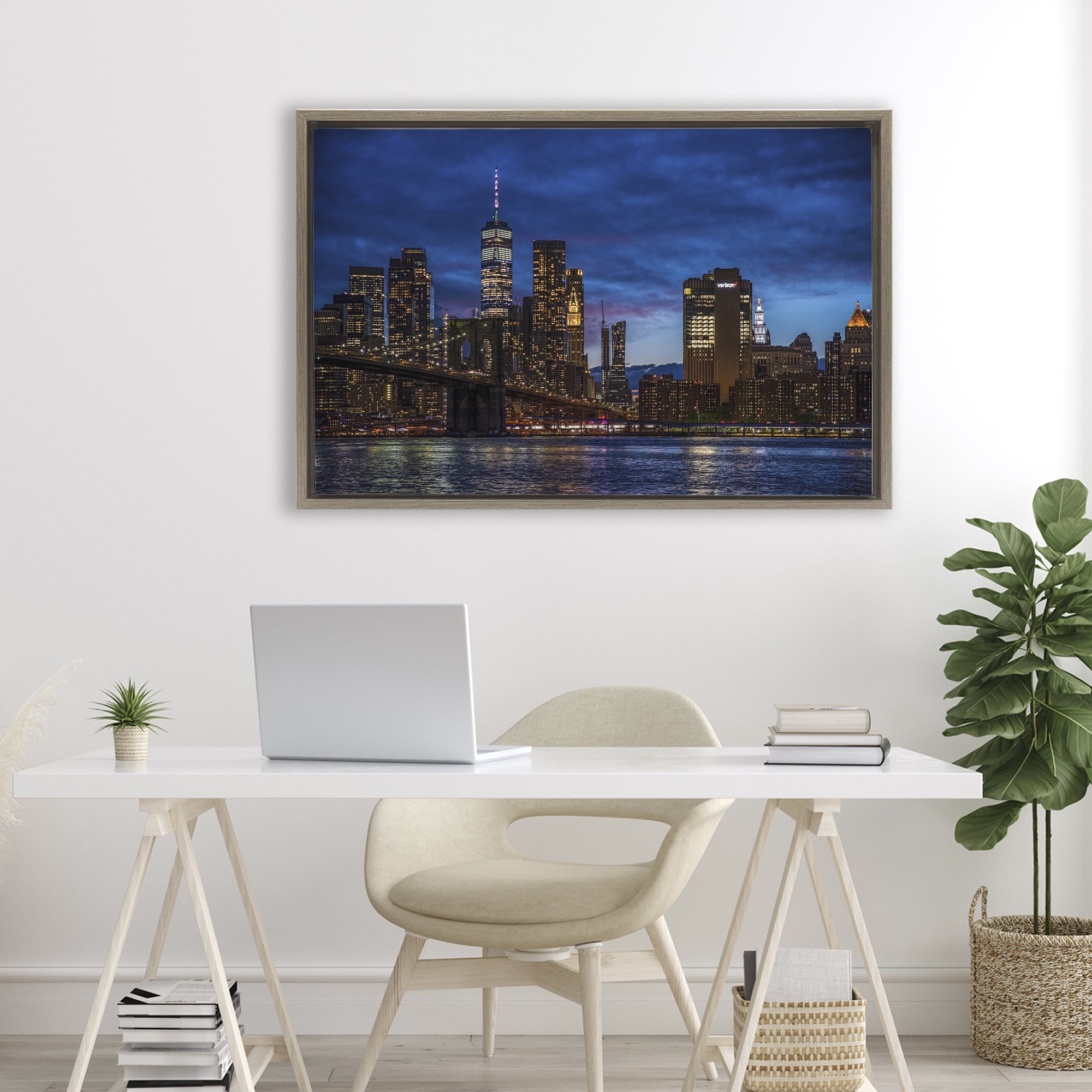 Stupell Industries Brooklyn Bridge at Night Brown Framed Floater Canvas Wall Art, design by Tim West