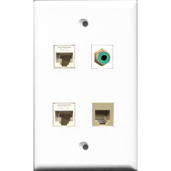 RiteAV 1 Port RCA Green and 1 Port Phone RJ11 RJ12 Beige 2 Port Cat6 Ethernet White Wall Plate