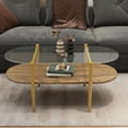 thumbnail image 2 of Coffee Tables Oval Glass Coffee Table, Mid-Century Modern Design, L41 x W21 x H17 inch, for Living Room, 2-Tier Structure, Clear Glass Top and Walnut Finish Wood Shelf, Conical Legs with Gold Finish, 2 of 11