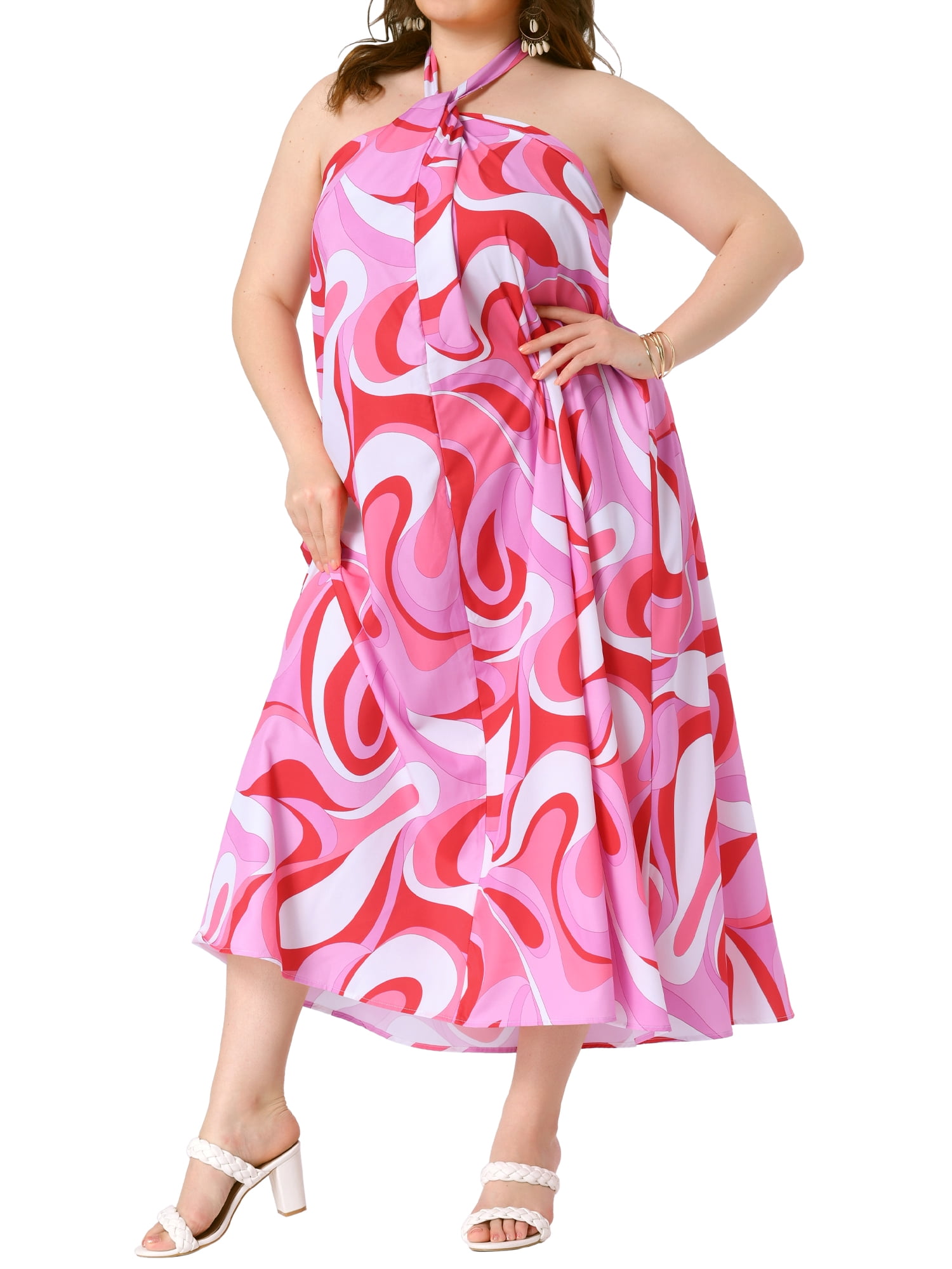 DARING DIVA Plus Size Long Maxi Halter Sleeveless Boho Dress 3X Red Pink