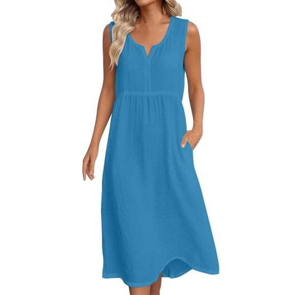 ZHYou Womens Cotton Linen Midi Dress Casual Solid Color Loose Summer Dress with Pockets,Blue,Size XL
