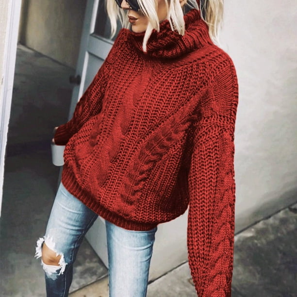 zanvin Women s Casual Turtleneck Long Lantern Sleeve Oversized Ribbed Knit Pullover Sweater Jumper Top Sale Red XXL