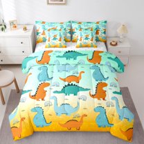 Homewish Kawaii Dinosaur 7pcs Bedding Comforter Set for Children Teens Girls,Cute Animal Queen Bedding Sets Super Cozy,Cartoon Rainbow Queen Sheet Sets,Super Cozy Room Decor,Reversible