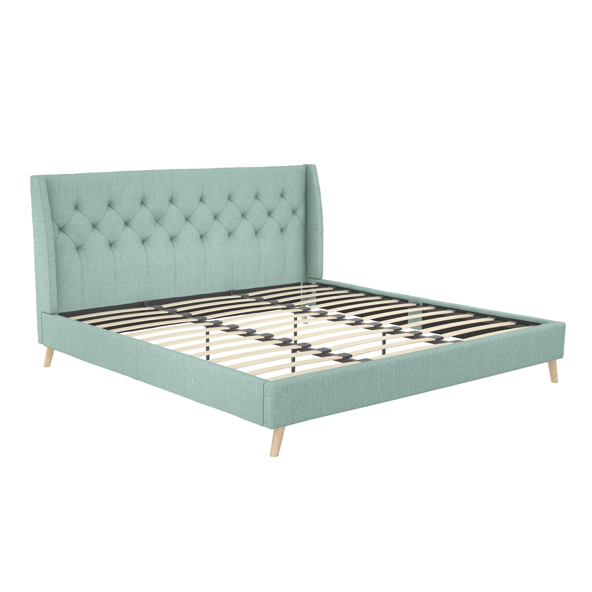 Novogratz Her Majesty Tufted Upholstered Bed Frame, King, Light Green Linen