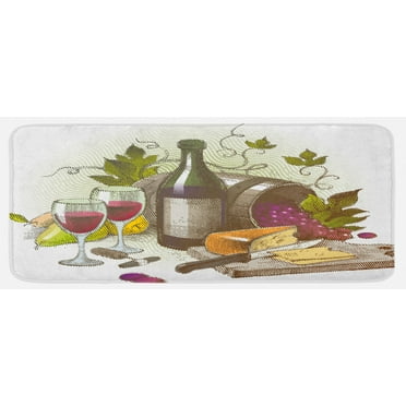 Wine Kitchen Mat, Vintage Style Composition with Wine and Cheese Fruits Gourmet Taste Beverage and Food, Plush Decorative Kitchen Mat with Non Slip Backing, 47" X 19", Multicolor, by Ambesonne