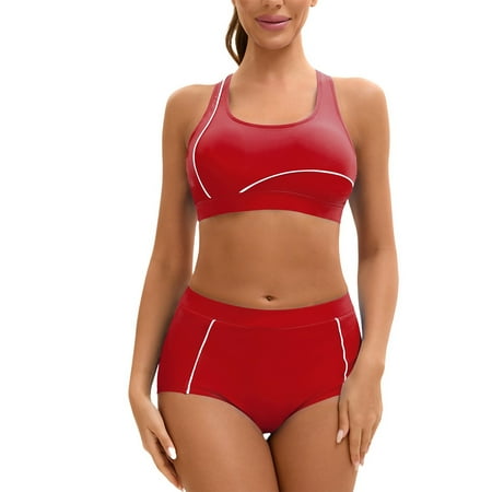 Ovticza Women s High Waisted Bikini Sets Sporty Two Piece Swimsuits Color Block Cheeky High Cut Bathing Suits Red S