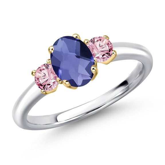 Gem Stone King 10K Two Tone Gold Blue Iolite and Pink Lab Grown Diamond Engagement Ring for Women | 1.01 Cttw | Oval Checkerboard 7X5MM | Gemstone Birthstone | Size 8