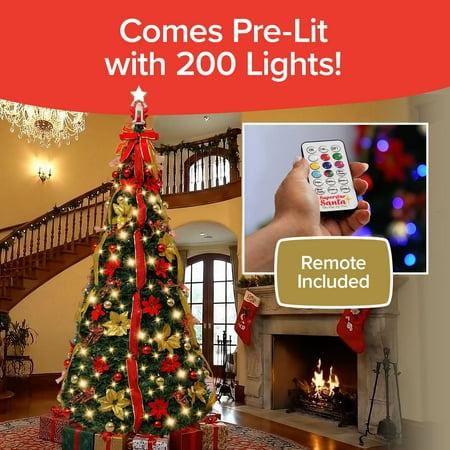 Superstar Santa Pop-Up Christmas Tree, AS-SEEN-ON-TV, Santa Topper Projects North Star, 7 Feet, Opens Instantly, Fully Decorated, Pre-Lit w/ 200 LED Lights, 7 colors, 32 Modes w/ Remote, Stores Flat